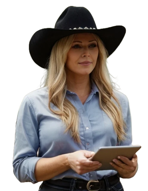 Default a business woman in a cowboy hat holding a tablet 0