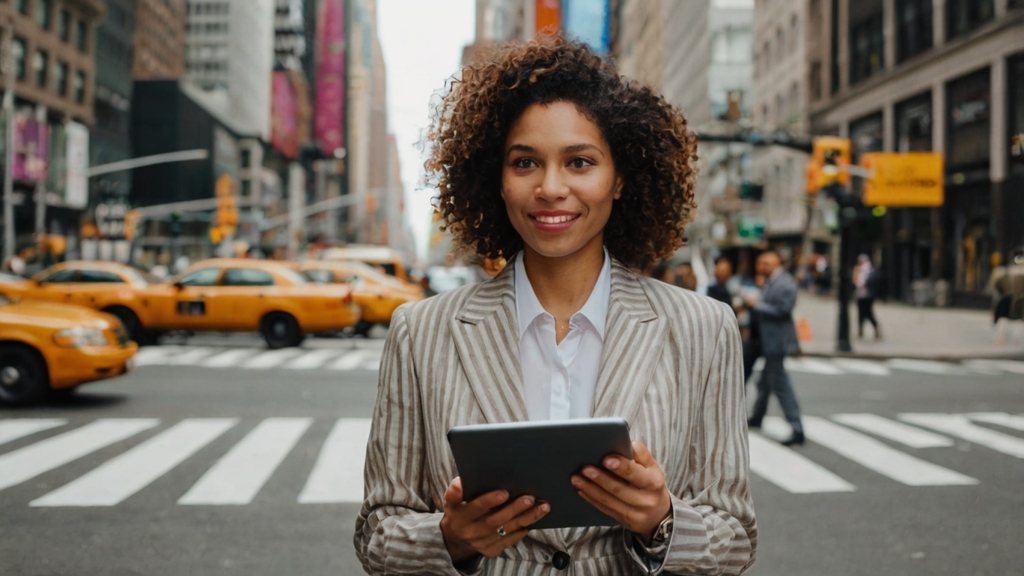 Leonardo Kino XL business woman in new york holding a tablet 0