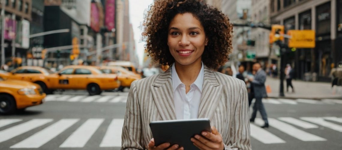 Leonardo_Kino_XL_business_woman_in_new_york_holding_a_tablet_0
